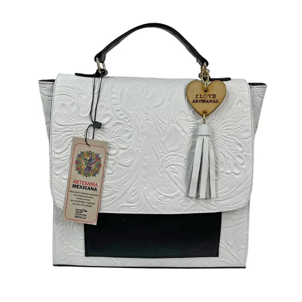 LEATHER Black & White BACKPACK Embossed Tooled Artisan Shoulder Bag Purse Hobo